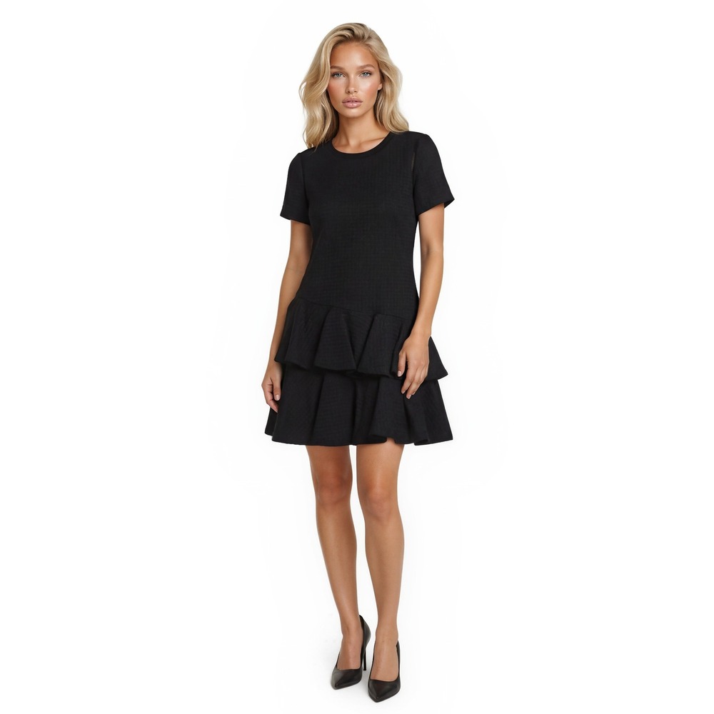 Rebecca Taylor Dress Women's Size 8 Black Textured Grid Ruffle Feminine Classic‎